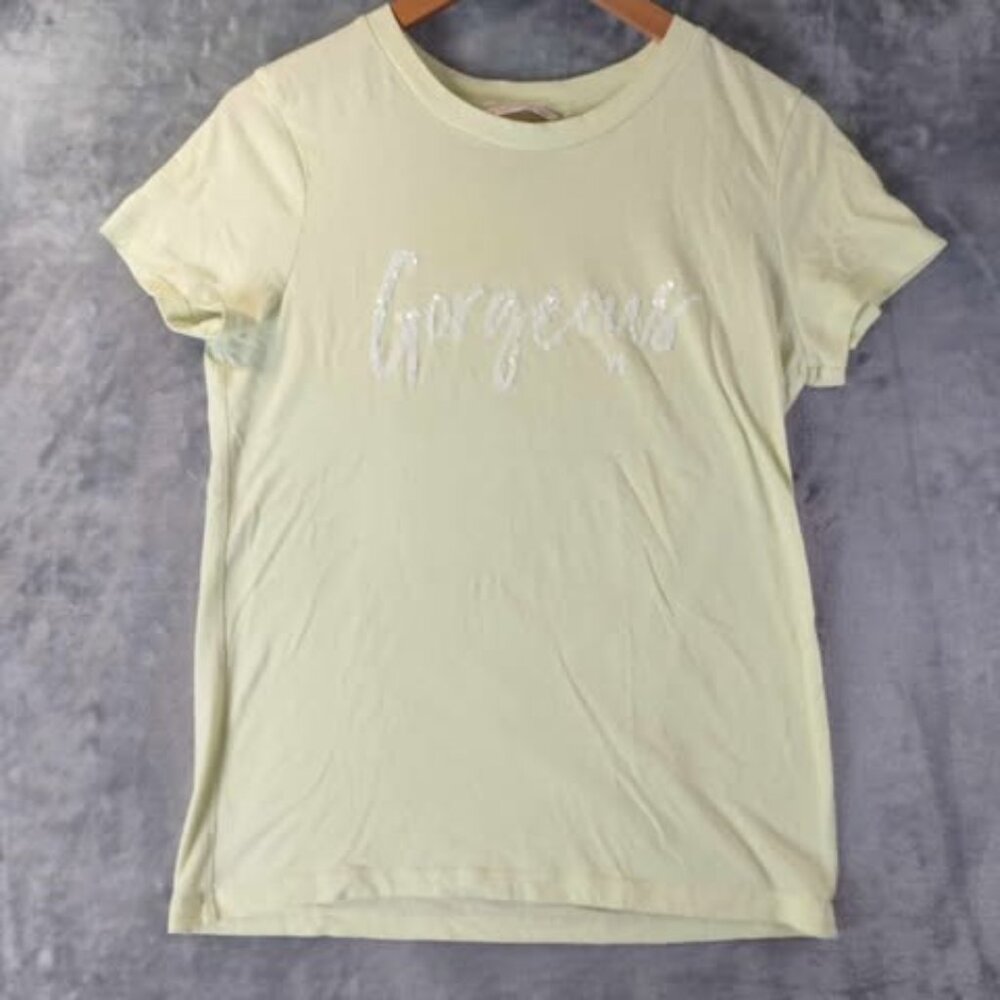 Victoria’s Secret Women’s Sequin “Gorgeous” Tee S Yellow Glittery Y2K Casual